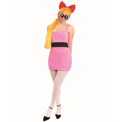 Image of Ladies Powerpuff Girl Blossom Costume Small Pink Dress with Black Stripe, Wig, Bow Headband, Glasses, White Tights Adults Cartoon TV Show Fancy