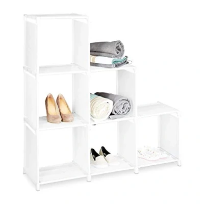 Image of Relaxdays Step Shelf with 6 Compartments, Size: 109 x 106 30 cm, Simple Plug In Assembly, Room Divider and Ladder Bookcase, White
