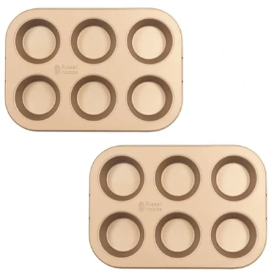 Image of Russell Hobbs COMBO 8221 Pack of 2 Opulence Muffin Trays, Baking Tin for Yorkshire Puddings, Pies, Cupcakes, Easy Clean, PFOA Free, Long Lasting, Oven Safe to 220 Degrees, Carbon Steel, 6 Cup, Gold
