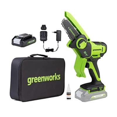 Image of Greenworks 24V Mini Chainsaw 4 Inch (10cm) Cordless Battery Powered with 2Ah Battery, 7.8m/s Chain Speed Electric for Tree Branches, Garden Cutting, Courtyard &amp; Household