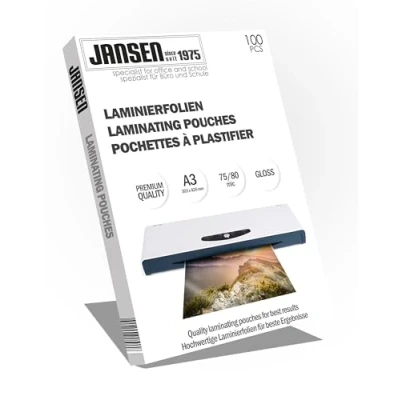 Image of Jansen A3 Laminating Pouch, 75/80mic, Pack of 100, Gloss, Packaging May vary
