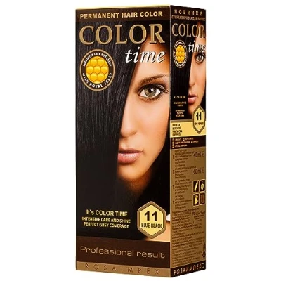 Image of Color TIME Permanent Gel Hair Dye Black Blue 11 Enriched with Royal Jelly and Vitamin C Covers Gray 100 ML