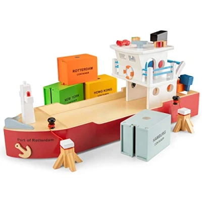 Image of New Classic Toys Wooden Container Ship with 4 containers for Preschool Age Toddlers Boys Girls