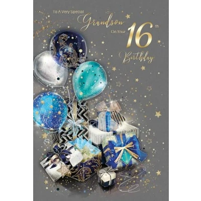Image of Cherry Orchard Grandson 16th Birthday Card with Present and Balloon Design Gold Foil Detailing Envelope