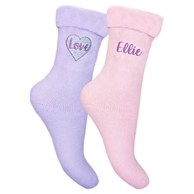 Image of TeddyTs Personalised Valentines Love Heart Super Soft Sparkle Bed Socks (2 Pack) (Personalised Pink), 4 7