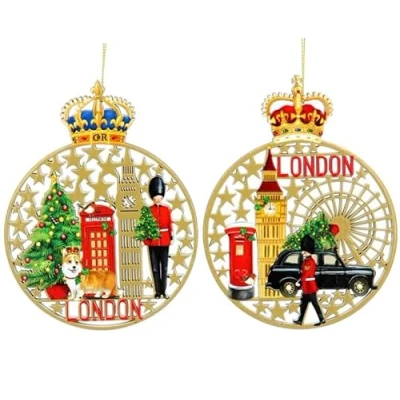 Image of Gisela Graham Wooden Fretwork London Scene Disc Tree Hanging Decorations (Set of 2)