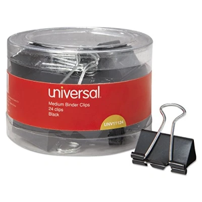 Image of Universal Medium Binder Clips, 24/Pack Black, Metal, 5/8 Inch Capacity, 1 1/4 Wide Lab Supply, Made in USA