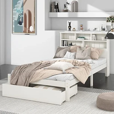 Image of Merax Single Bed With Storage, 3FT Wooden Storage Under Drawer and Shelves, White Frame for Adults, Kids, Teenagers, 90 x 190cm