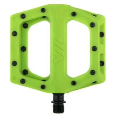 Image of Dmr V11 Flat Mountain Bike Pedals Green/Black, Steel Axle/Pair Lightweight Nylon Composite Plastic MTB Cycling Part Downhill Freeride Ride Trail Dirt Jump Cycle Wide Platform Tuneable Pin Grip