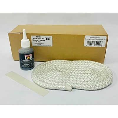 Image of PotteryproUK PPUK Stove Rope 10mm x 3 metres &amp; 50ml Seal Adhesive for Woodburners Log Burners Pizza Ovens Door Kit, White Black Glue