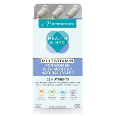 Image of Health &amp; Her Multivitamin for Women with Monthly Natural Cycles Supplements Nutrition and Wellbeing Support Menstrual Cycle 1 Month Supply, 60 Capsules Vegan Gluten Free