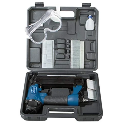 Image of Scheppach Compressed air Gun, 2 in 1, Staple and Nail (Nails up to 50 mm, Clamps 40 Requirement per use 1.5 L, Working Pressure 8.3 bar, 360 Exhaust Duct) incl. Accessory Set