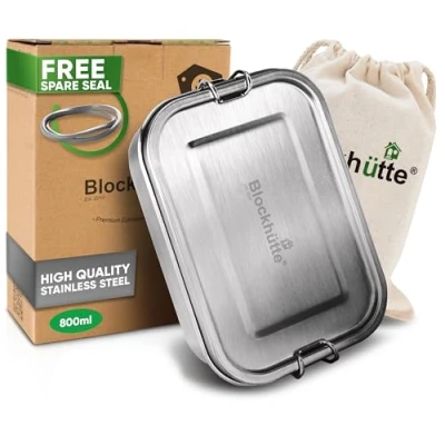 Image of Blockhütte Premium Stainless Steel Lunch Boxes I 800ml for Children 3 compartments, Spare Seal Reusable Sandwich Box Metal 2 Movable, Removable Divider Leak Proof