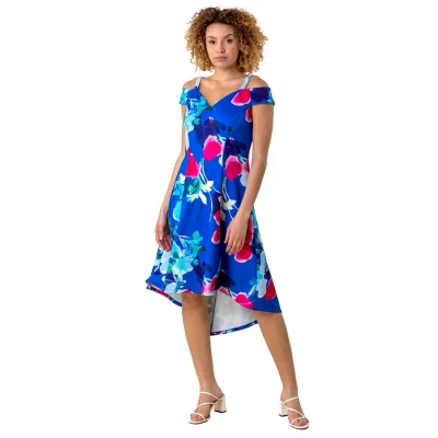 Image of Roman Originals Women Cold Shoulder Floral Print Dress Ladies Spring Everyday Summer Holiday Bardot Neckline Stretch Soft Sleeveless Cruise Dipped Hem Gown Vacation Frocks Royal Blue Size 10