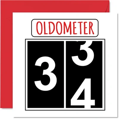 Image of Fun 34th Birthday Cards for Men Woman Oldometer Happy Card Dad Mum Son Daughter Brother Sister Uncle Auntie Cousin, 145mm x Greeting Cards,