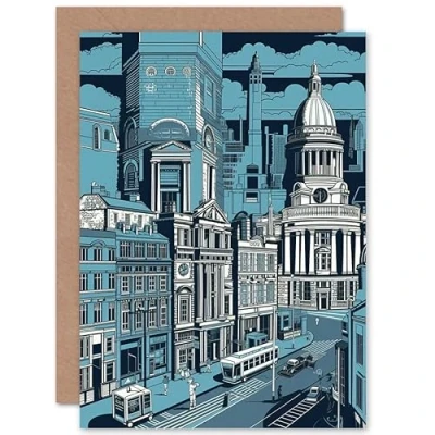 Image of Artery8 Bellfast City Centre Cityscape Hall Linocut Travel Birthday Sealed Greeting Card Plus Envelope Blank inside