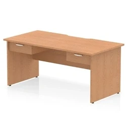 Image of Impulse 1600 x 800mm Scalloped Edge Straight Office Desk Oak Top Panel End Leg Workstation 2 1 Drawer Fixed Pedestal