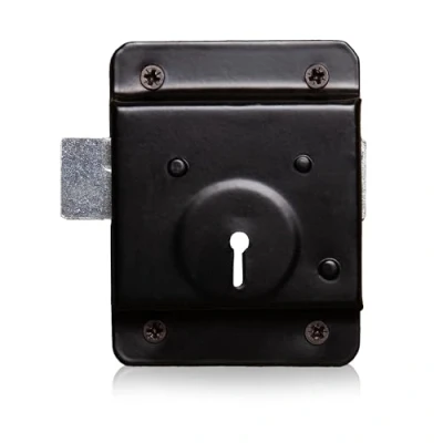 Image of XFORT® Traditional 4 x 3 Rim Press Lock, Surface Mounted Black Presslock with Key Operated Deadbolt, Ideal for Wooden Doors and Gates to Secure Garden Sheds, Garages Outbuildings.