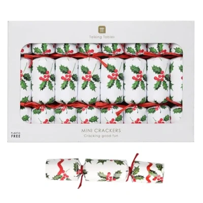Image of Talking Tables 8 x Mini Christmas Crackers with Fun and Games, Party Hat, Botanical Holly White Design Eco Friendly Xmas Tableware, Recyclable