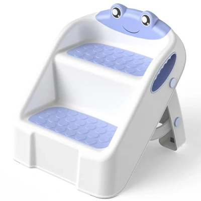 Image of Toddler Step Stool, 2 Toilet Steps for Toddlers with Safety Handles, Foldable Stool Kids Non Slip, Potty Training, Bathroom Sink, Bedroom, Kitchen Counter Blue