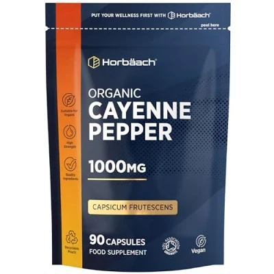 Image of Organic Cayenne Pepper 1000mg 90 Capsules Capsicum Frutescens Powder Suitable for Vegans &amp; Vegetarians by Horbaach