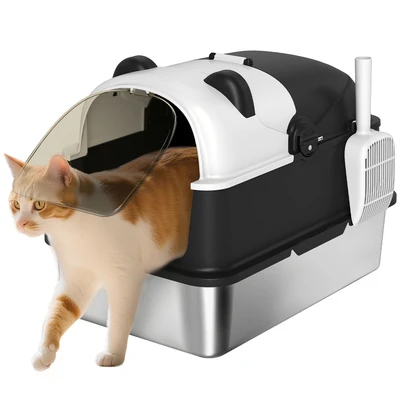 Image of Pawhut xl Stainless Steel Litter Box Tray with Lid, Panda Style