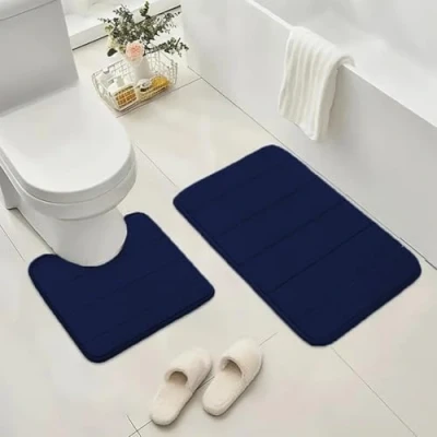 Image of ZIYA HOMES Navy Blue Memory Foam Bath Mat Set (50x40cm+50x80cm), Extra Soft Non Slip, Super Absorbent Mats for Bathroom Floor, Machine Washable Dry Rug Foot Mat, Doormat