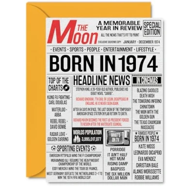 Image of 50th Birthday Cards for Women Men Born In 1974 Newspaper Happy 50 Card Dad Mum Aunt Uncle Vintage Retro Back 1974, A5 Fifty Fiftieth Bday Greeting