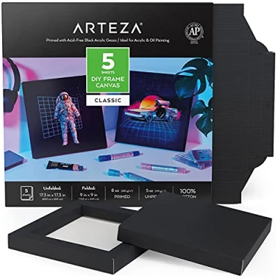 Image of Arteza DIY Frame Canvases for Painting, 5 Sheets, 9 x inches Folded, 100% Cotton, 8 oz Primed Square Black Canvas, Art Supplies Acrylic, Oil, Tempera, and Gouache Painting