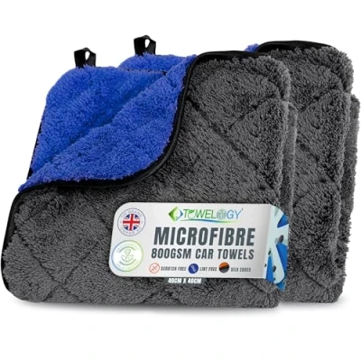 Image of Towelogy Car Cleaning Cloths, Microfibre 800gsm Lint Free Large Microfiber Polishing Cloths 40x40cm (2, Blue)
