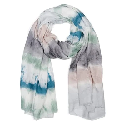 Image of styleBREAKER Ladies Scarf with colourful batik stripe pattern and short fringes, light scarf, stole 01016216, Colour:Grey green blue