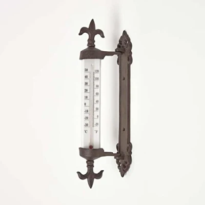 Image of HOMESCAPES Brown Cast Iron Garden Thermometer Wall Mounted Ornate Window Frame Temperature Gauge