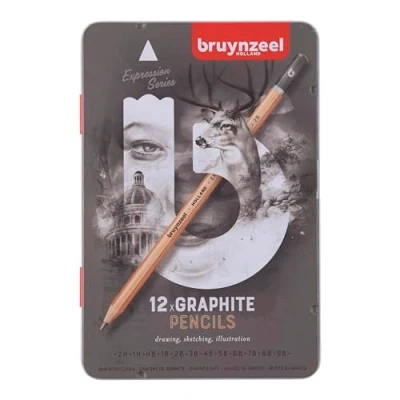 Image of Bruynzeel Expression Graphite Pencil Set of 12 in Tin 2H 9B Pencils for Sketching and Drawing