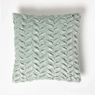 Image of HOMESCAPES Green Velvet Fabric Cushion Luxury Pleated 100% Polyester Cover Filled Scatter for Sofa and Bed Decoration 45 x cm
