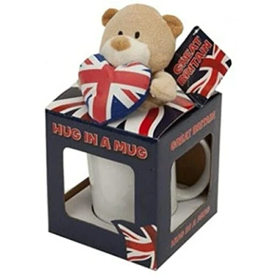 Image of Hug in A Mug, Union Jack Teddy Bear Mug Presentation Box, Cute with Heart Cream Ceramic Great Britain Gift Birthday Present Valentines Christmas Send Love &amp; Hugs