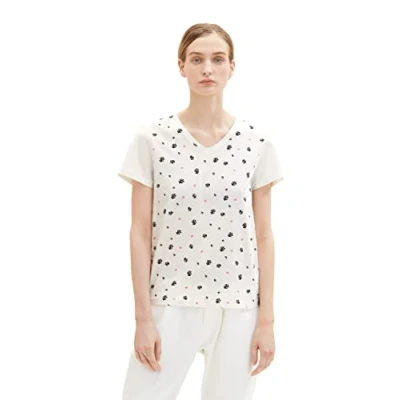 Image of TOM TAILOR Women&#039;s 1037404 T Shirt with Pattern, 32820 Offhwhite Small Leaf Design, S