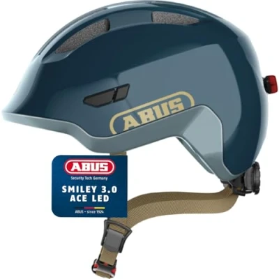 Image of ABUS Smiley 3.0 ACE LED kids helmet bike with light deep fit &amp; room for a ponytail girls and boys blue, size S