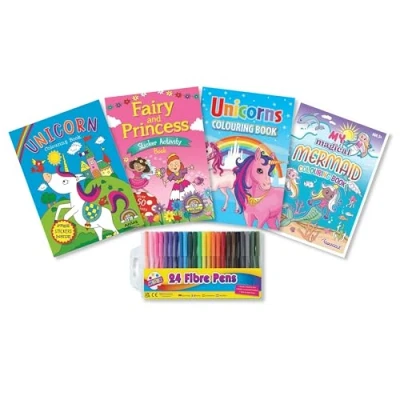 Image of Mermaid, Unicorn and Princess Colouring Books with Sticker Pencils or Felt Tip Pens (Felt Pens)