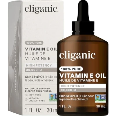 Image of Cliganic 100% Pure Vitamin E Oil for Skin, Hair &amp; Face 30,000 IU, Non GMO Verified Natural D Alpha Tocopherol