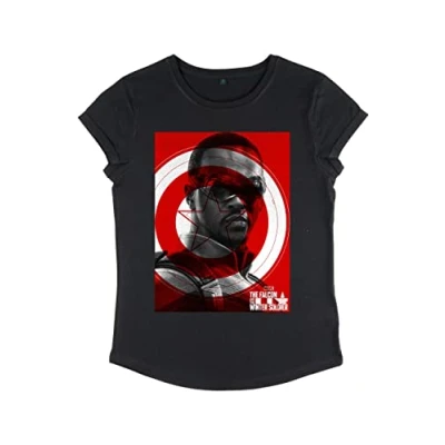 Image of Marvel Women&#039;s Winter Soldier Falcon Shield Rolled Sleeve T Shirt, Black, S