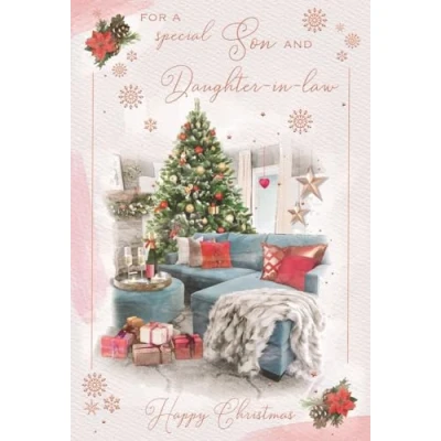 Image of ICG Special Son and Daughter in Law Christmas Card Cosy Lounge Tree Embossed with Foil Flitter Details