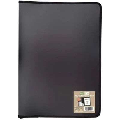 Image of eco A3 50% Recycled 30 Pocket Black Zipped Presentation Display Book, File Folder, Artwork Portfolio with Plastic Sleeves, eco091