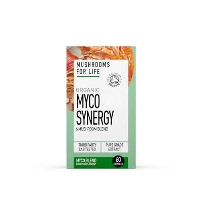 Image of Organic Myco Synergy Mushroom Super Blend (6 Blend) 60 Caps or 60g Powder Superfood Supplement Pure Grade Extracts, No Binders (60 Caps)