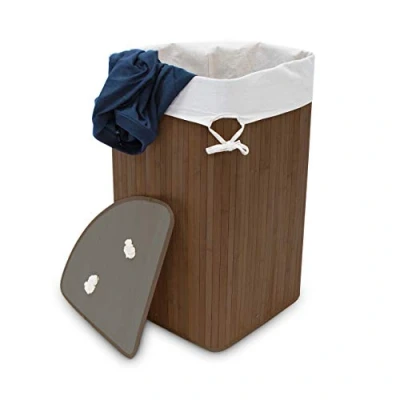Image of Relaxdays Corner Laundry Basket Hamper Bamboo 65 x 49.5 37 cm 64L Folding Clothes Collector Storage Bag, Brown