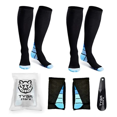 Image of TYGA Compression Socks, 2 Pairs, Speed Recovery Stockings Best Graduated Athletic Fit for Men, Women, Adults + Free Travel Shoe Horn (S M)
