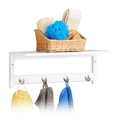 Image of Wall Rack with 4 Hooks, HxWxD: 17.5 x 50 16 cm, Bamboo, Towel Holder, Hallway Coat Rack, Floating, White Relaxdays