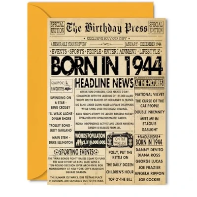 Image of 81st Birthday Card for Men Women Bday Press Newspaper 1944 Happy 81 Cards Uncle Grandma Auntie Nanny Dad Wife, 5x7 Inch Greeting