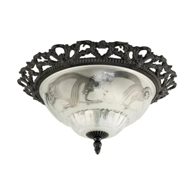 Image of Traditional and Classic Matt Black Frosted Floral Glass Flush Ceiling Light Fitting 33cm x 11cm 2 E27 60w Maximum by Happy Homewares