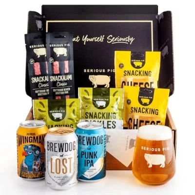 Image of Serious Pig + BrewDog Craft Beer and Snacks Selection, Salami, Cheese Pickle with Glass