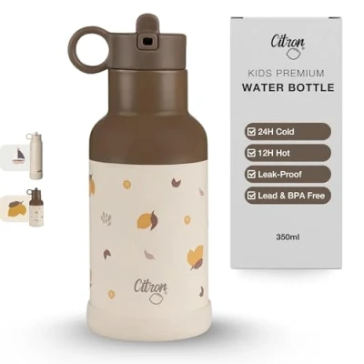 Image of Citron Kids Water Bottle 350ml Lemon Stainless Steel, Leak Proof, BPA Free, 24H Cold/12H Hot